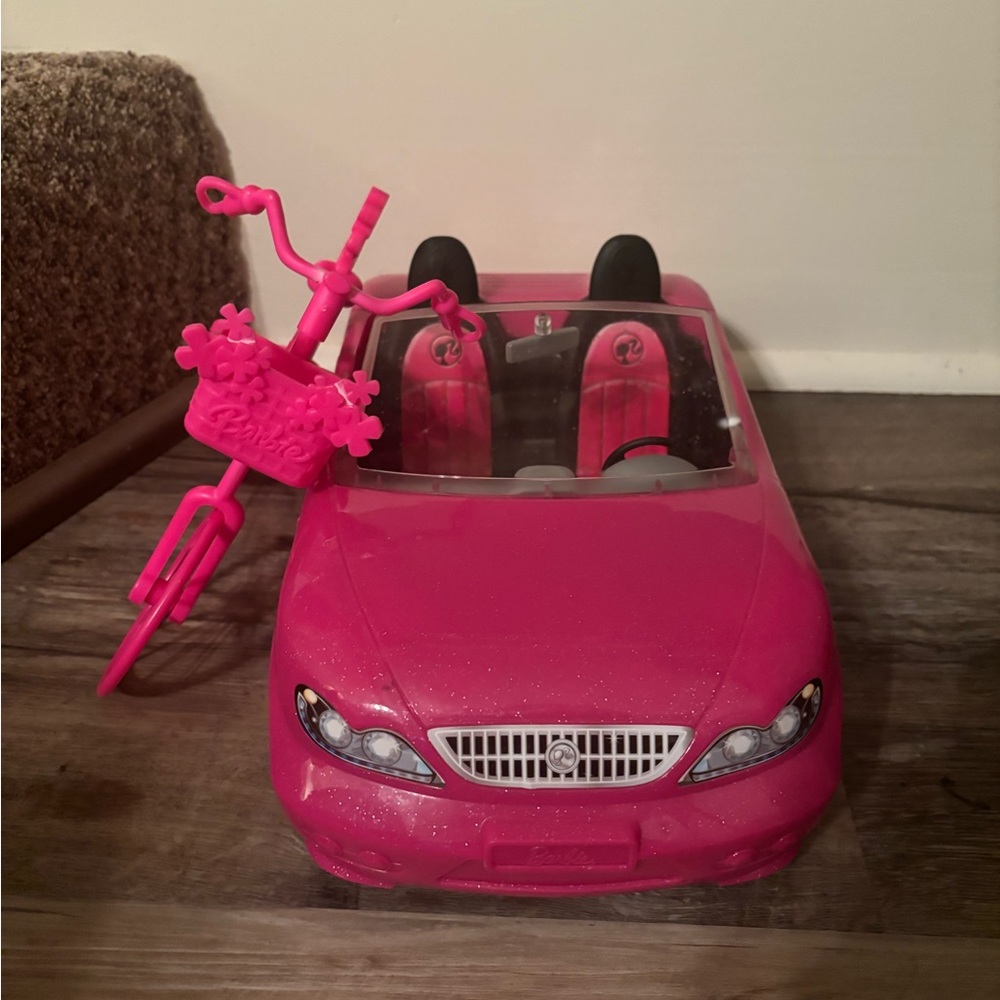 Sparkly Pink 2-Seater Barbie Convertible and Bike